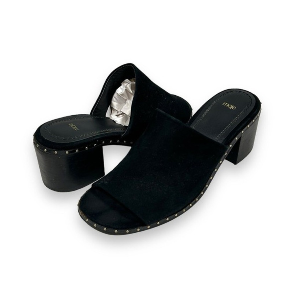 Maje Suede Studded Block‎ Heel Mule Sandals Womens 36 (US 6) Black